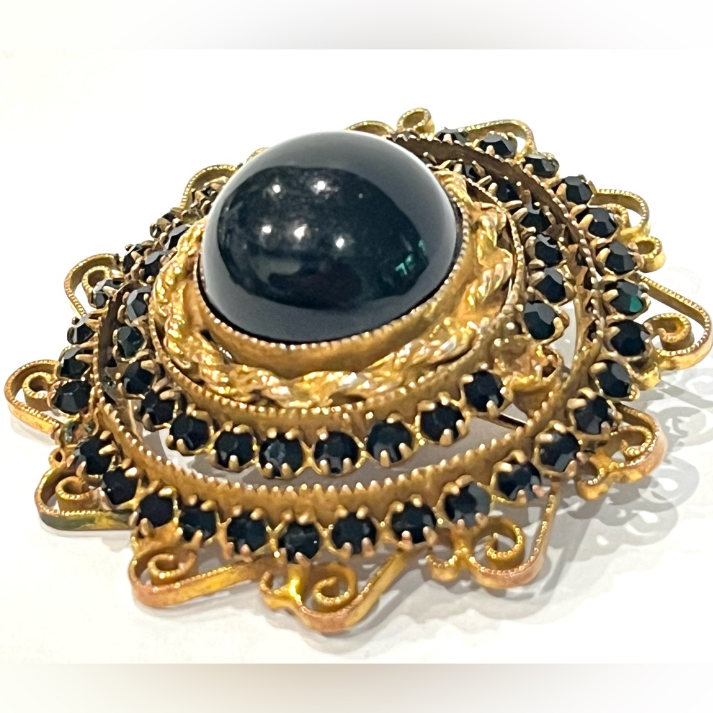 Vintage Signed Original By Robert Black & Cabochon & Rhinestones Brooch Mcm
